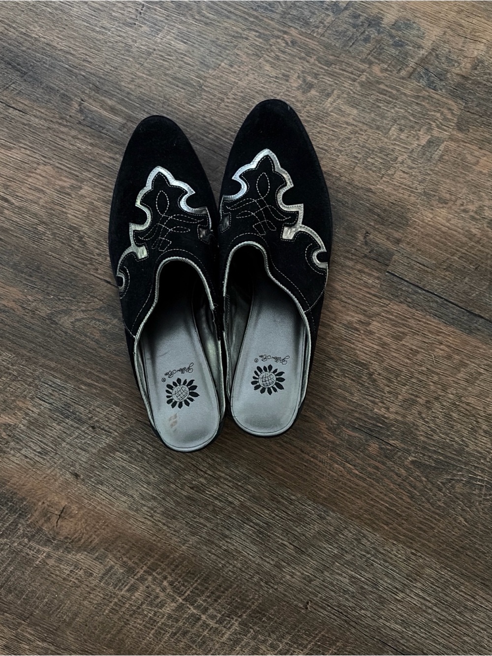 Yellow Box Black and Silver Embroidered Pointed Mules